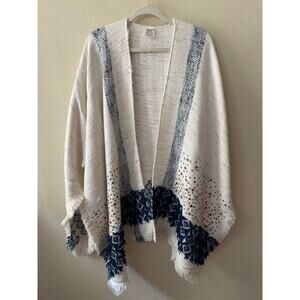Cotton Blend Cream & Navy Blue Sweater Cape One Size